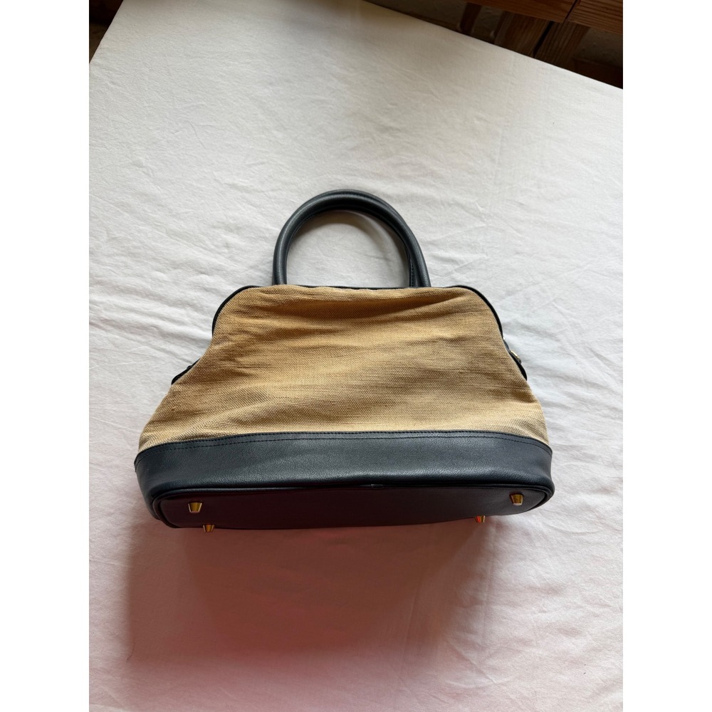 Etienne Aigner Satchel Handbag Tan Canvas Black Faux Leather Gold Hardware Logo